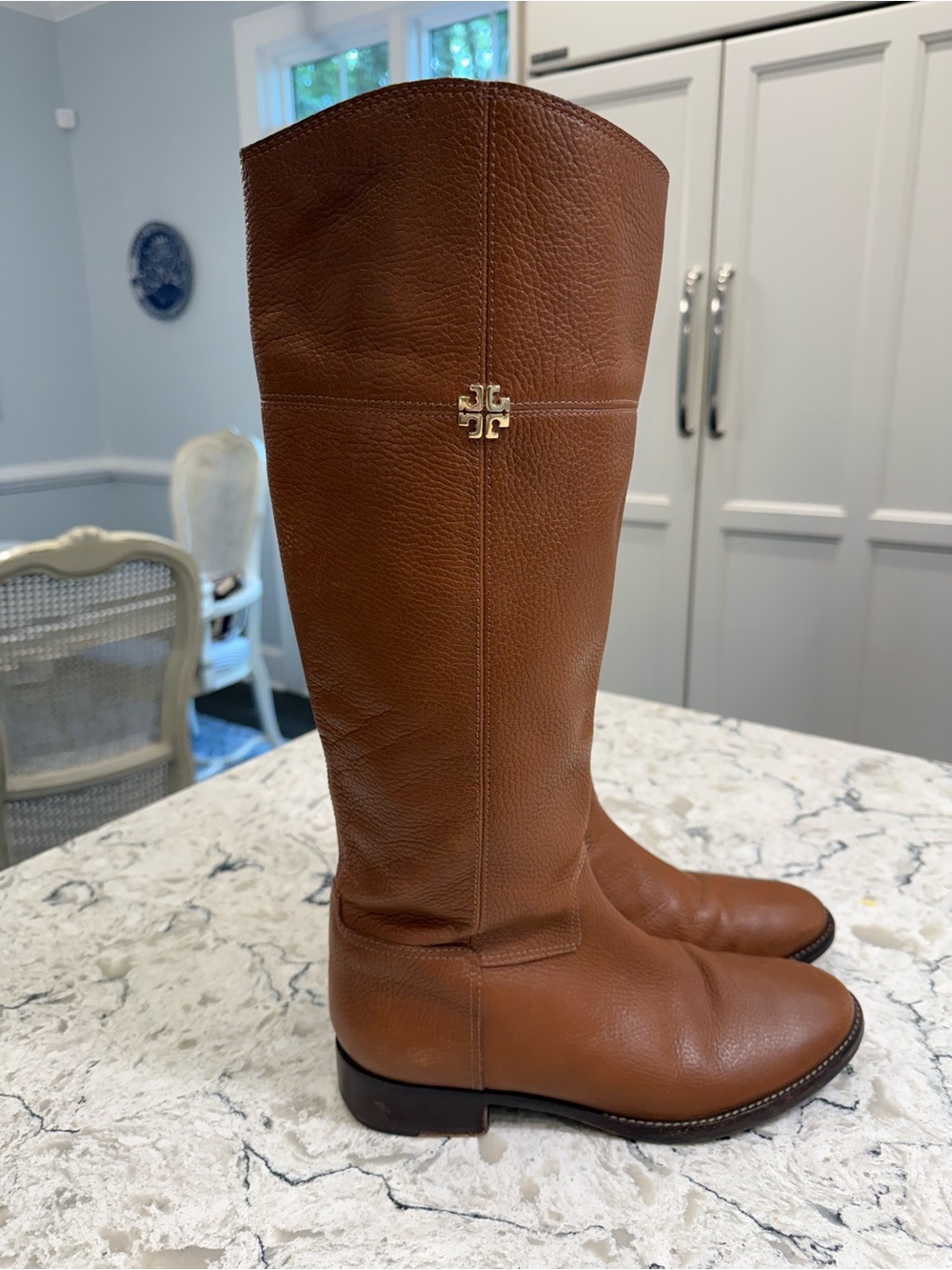 Tory Burch Jolie Riding Pebbled Leather Knee Boots in Rustic Brown, Size 10.5